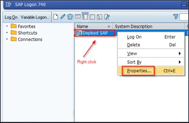 SAP GUI Login Pad Properties Screen