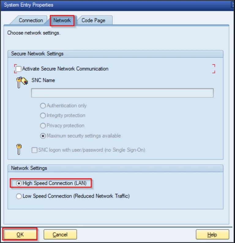 SAP GUI System Properties Screen